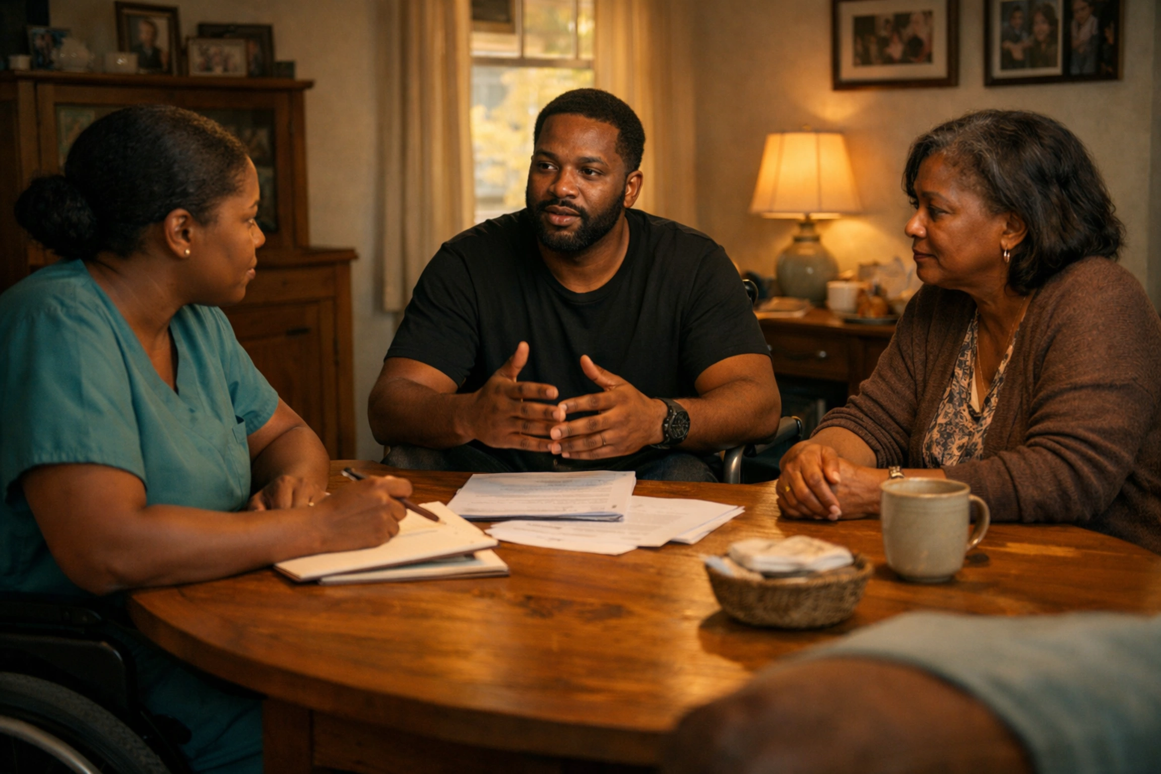 Adult client with disability speaking while his matched caregiver listens attentively