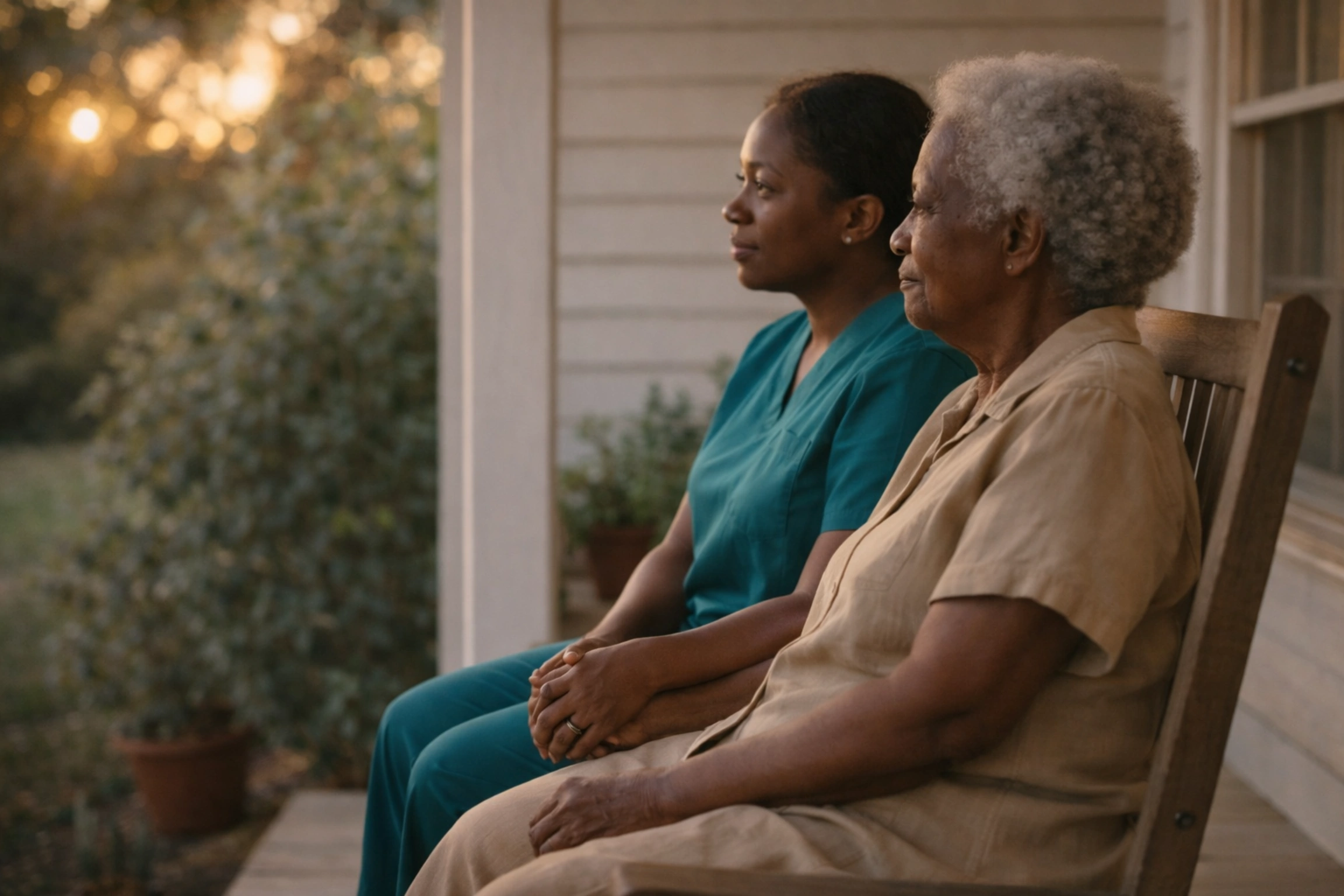 Dementia companion caregiver and elderly client sitting together in a backyard garden