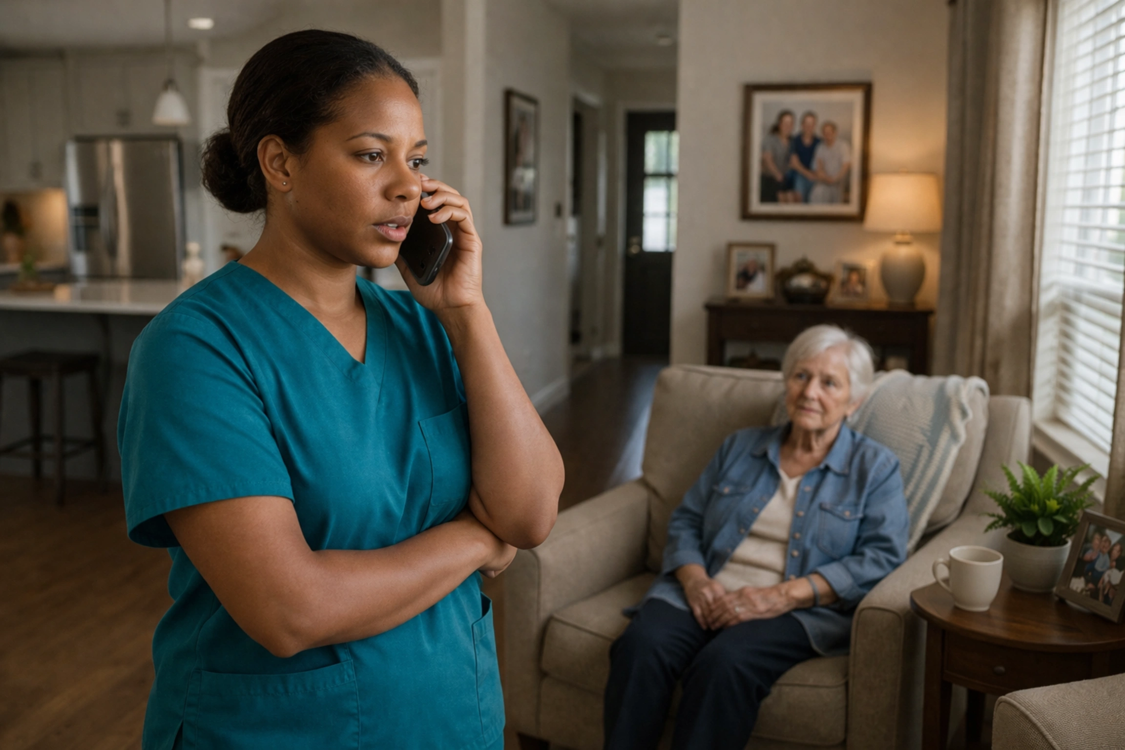 Caregiver giving a professional update call to a remote family member after a care visit