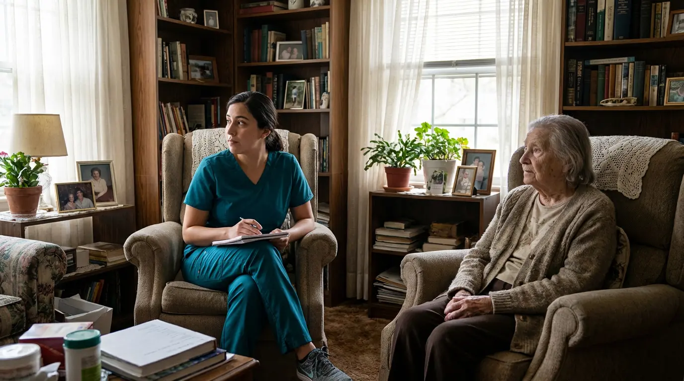 Caregiver and elderly client in the quiet beginning of their first care shift together