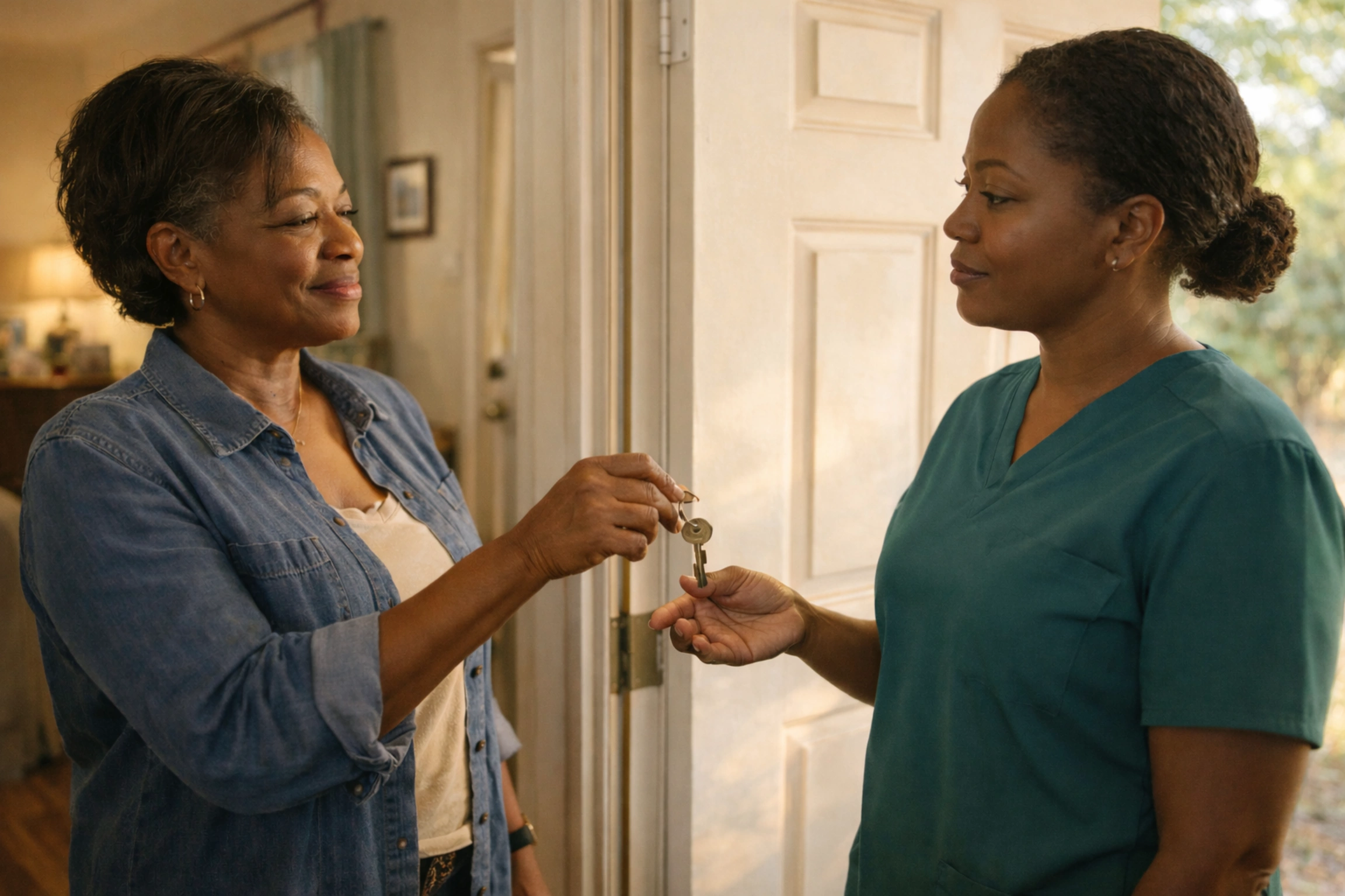 A Black woman in her early 50s stands at an open front door, coat on, ready to leave. A Black female caregiver in teal scrubs stands just inside.