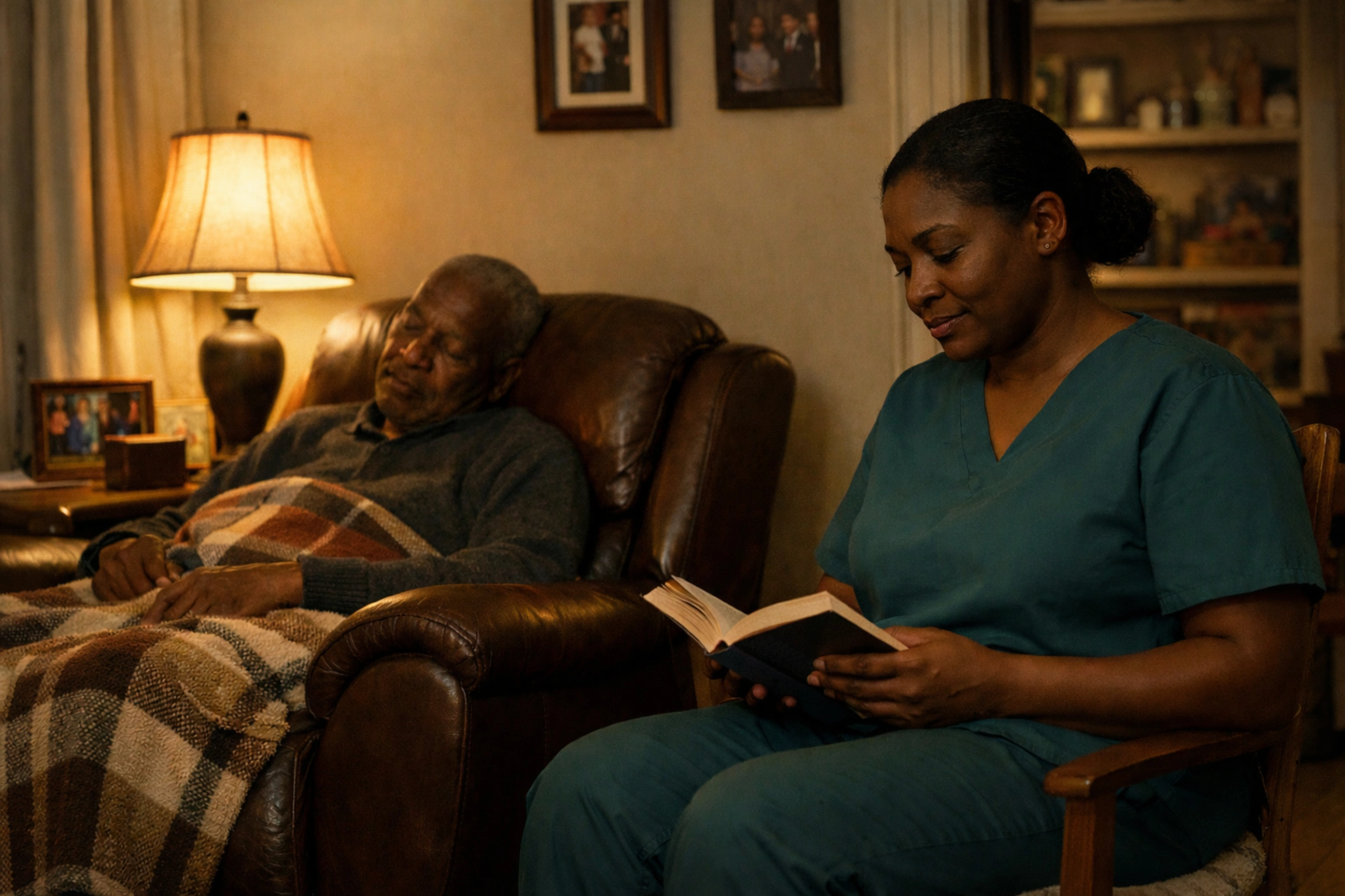 Evening interior. An elderly Black man sleeps in an armchair, a blanket across his lap. A Black female caregiver in teal scrubs sits nearby, reading, awake. A lamp in the corner gives warm light. The room is still.